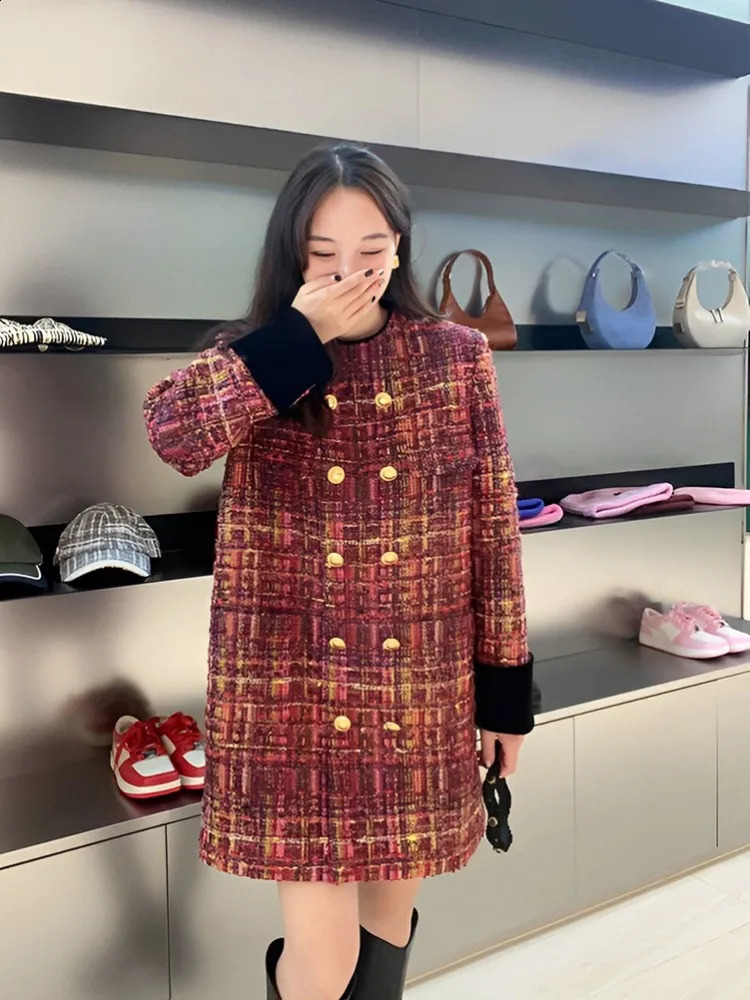 Office Ladies Tweed Dress Loose Fit Straight Long Sleeve Double Breasted O-Neck Spring Women Short Dresses Vintage Plaid Dress 240824