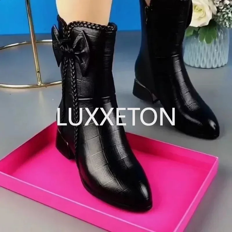 Winter Plush Warm Bow Round Head Leather Fashion Boots 240823