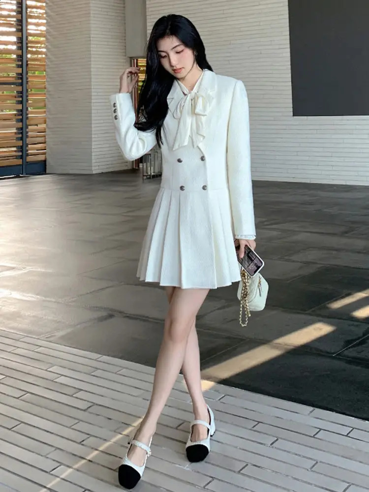 GkyocQ Spring Women Dress Elegant Turn Down Collar Long Sleeve Double Breasted High Waist A Line Pleated Mini Dress 240824
