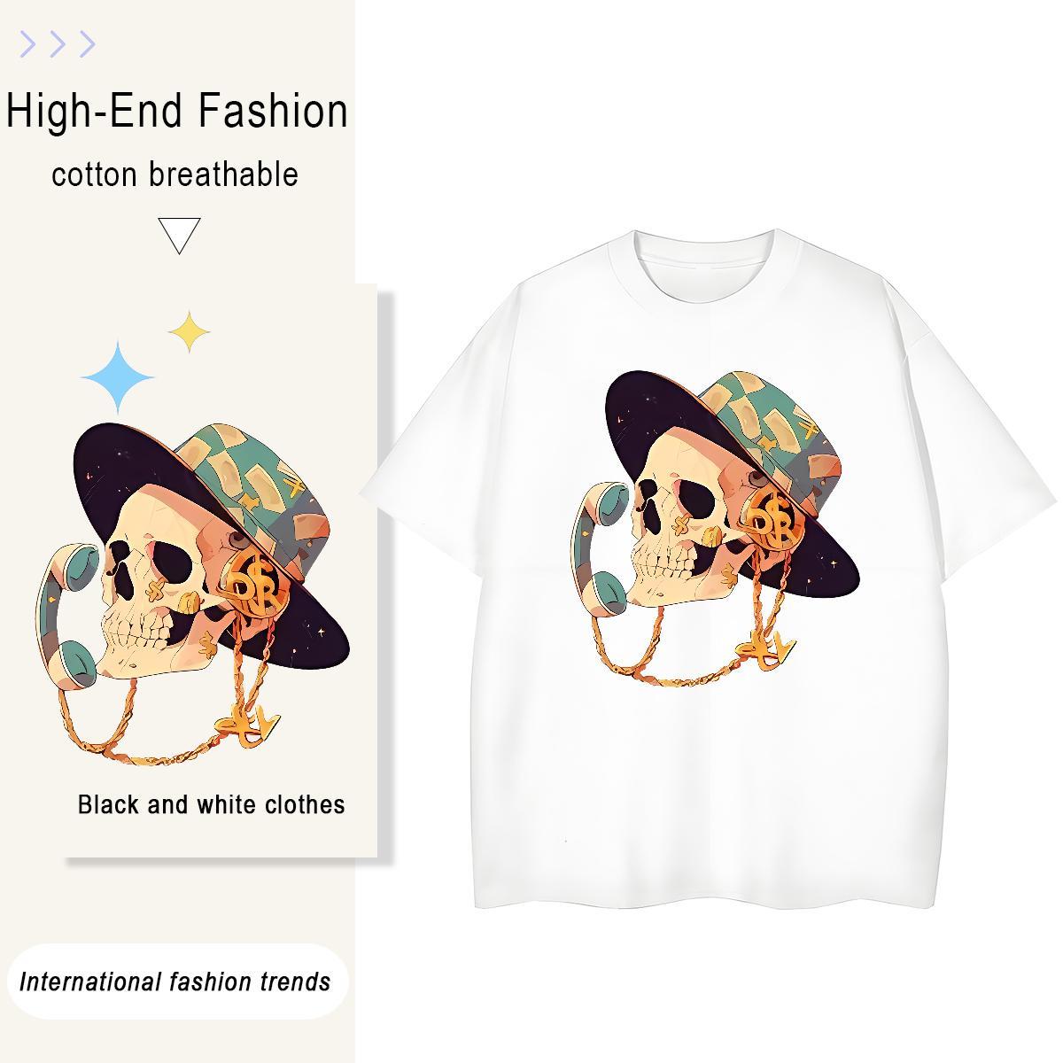 Loose Fit T Shirt For Man 230g Pure Cotton skull Street Skull Round Neck Short Sleeve Men Clothes T-Shirt Fashion Designer Clothings