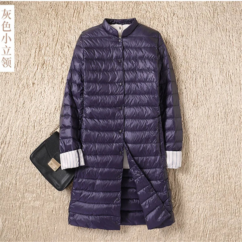 Womens Single Chest Midi Long Coat Autumn Ultra Light Down Jacket Parka White Duck SE593 240823