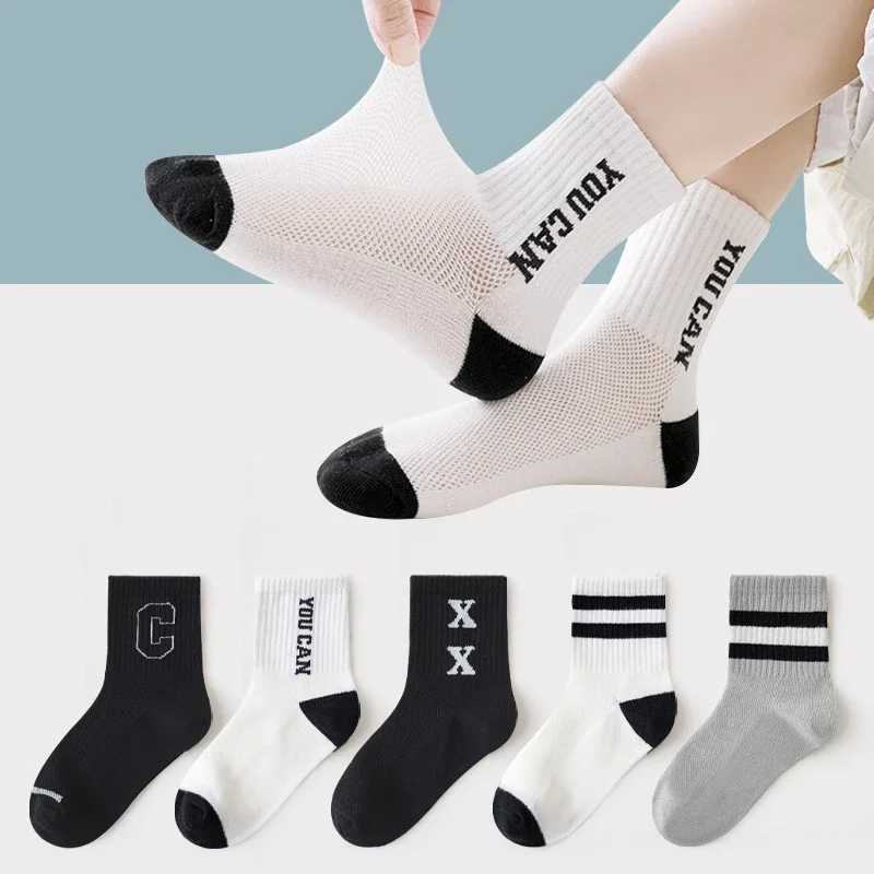 5 Pairs Spring Summer Kids Fashion Mid-calf Socks Cotton Mesh Girls Boys School Sports Long Socks Children Clothing Accessories CL240824