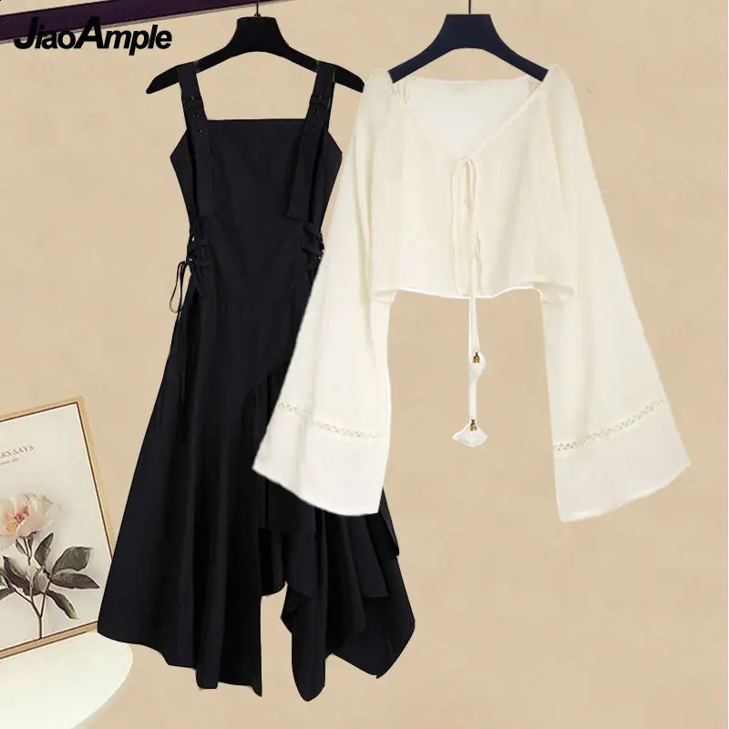 Summer Korean Elegant Chiffon Sunscreen Shirt Strap Skirt Two Piece Suit Womens Fashion CardiganDress Matching Set 240823
