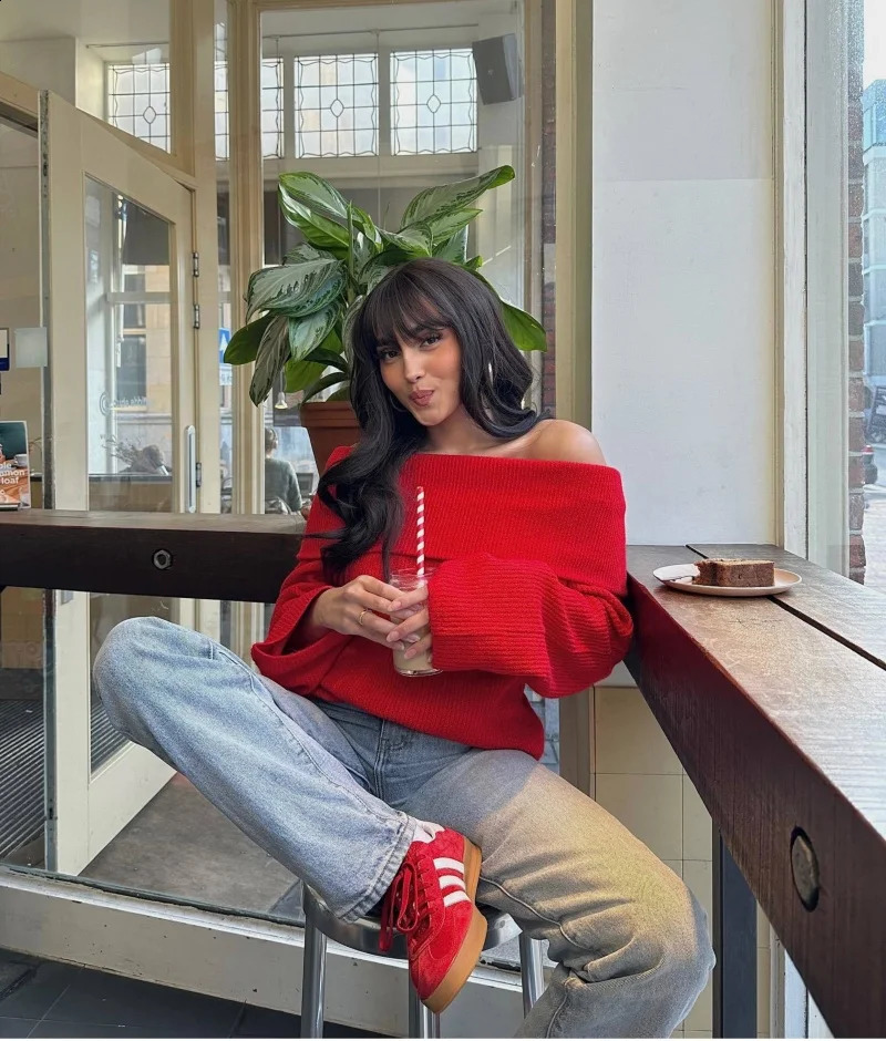 Autumn Winter Fashion Sweaters Elegant Solid Color Slash Neck Long Sleeve Slim Pullovers Tops Casual Holiday Off Shoulder Jumper 240824