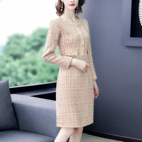 Arrival Autumn And Winter Runway Women Elegant Tweed Dress Round Neck Long Sleeve Female Fashion Chic Dresses Vestidos 240824