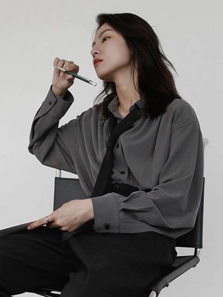 Summer Elegant Long Sleeve Shirt Women Korean Solid Tie Chic Button Blouse Loose Harajuku All Match Office Ladies Simple Tops 240823