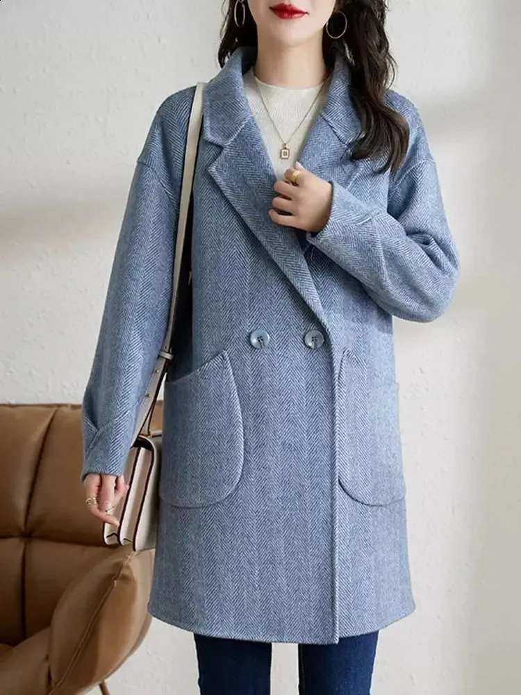Elegant lapel loose wool jacket top womens casual long sleeved blend blue Korean fashion solid medium length Abrigos 240823