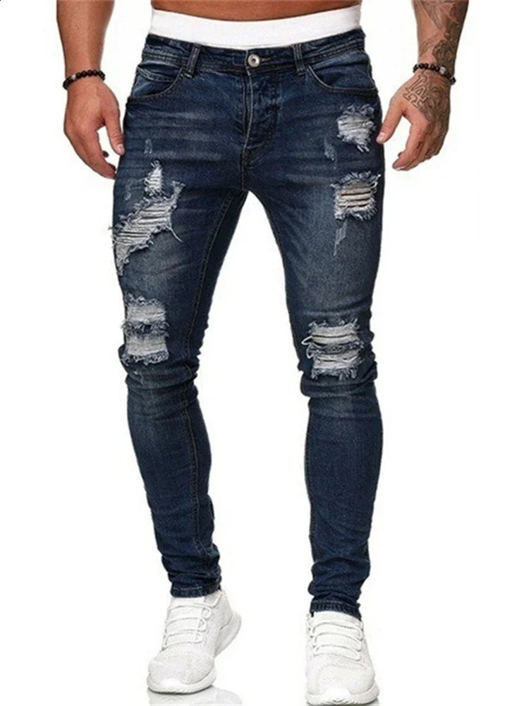 American mens summer patch denim pants open top tight jeans tight jeans ankle length slim fit casual tight jeans 240823 ww
