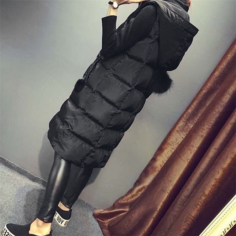 Autumn Winter Women Black Hooded Long Parkas Vest Fashion Warm Black Hooded Down Coat Parka Ladies Sleeveless Waistcoats 240823