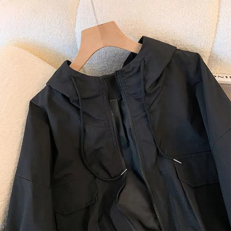 Y2K Autumn Cargo Jackets Women Fashion Loose Streetwear Hooded Zipper Windbreaker Bf Korean Solid Chic All-Match Crop Coats 240823