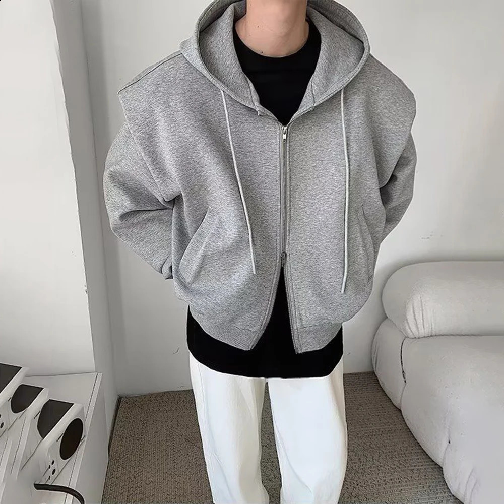 Black Gray Shoulder Pad Hoodie Mens Fashion Casual Cardigan Sweatshirt Men Korean Loose Zipper Hooded Jacket Unisex Trend Coat 240824