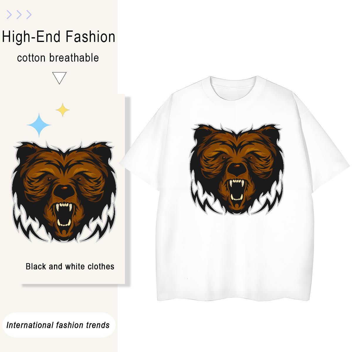 Casual New Men Tees bear Beach 100% Cotton 230g Tshirts Crew Neck Breathable Loose T Shirts Men Plus Size Cartoon