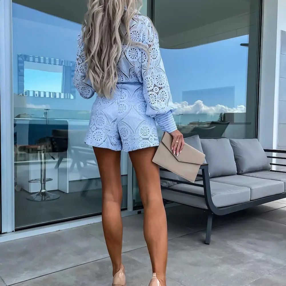 2-piece/set stand up collar long sleeved womens dress single chest high waist embroidery hollow lace shirt wide leg short sleeved set 240903