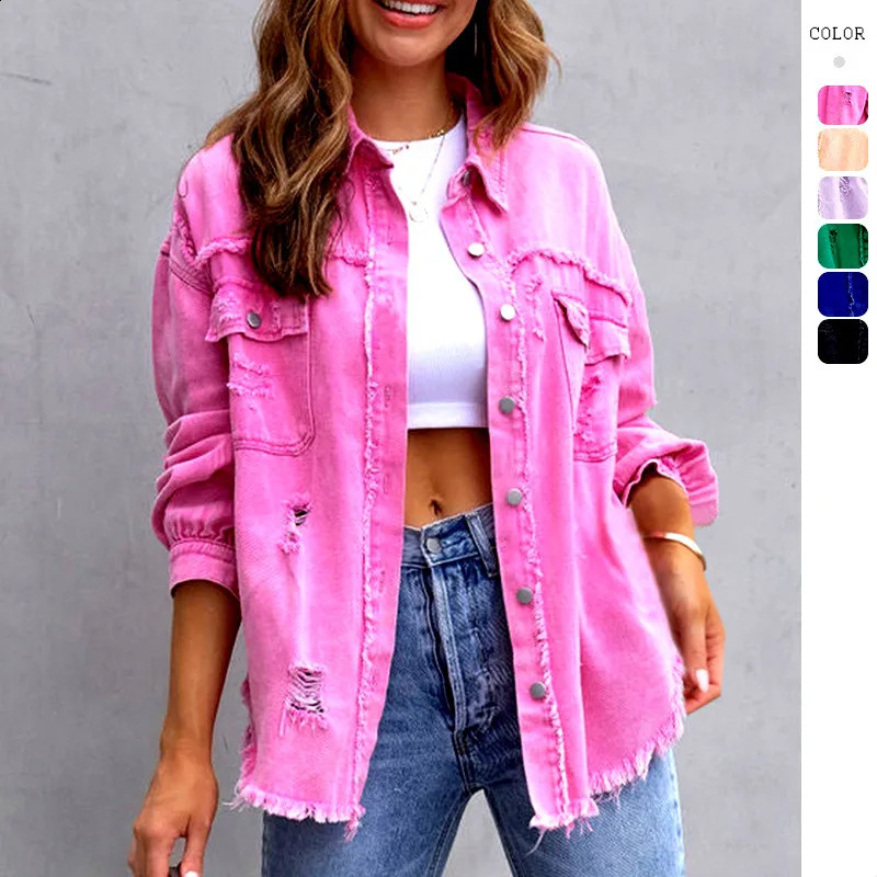 Women Pocket Hole Tassel Turndown Collar Denim Button Casual Boho Full Long Sleeve Spring Winter Cardigan Jacket Coats Outerwear 240824