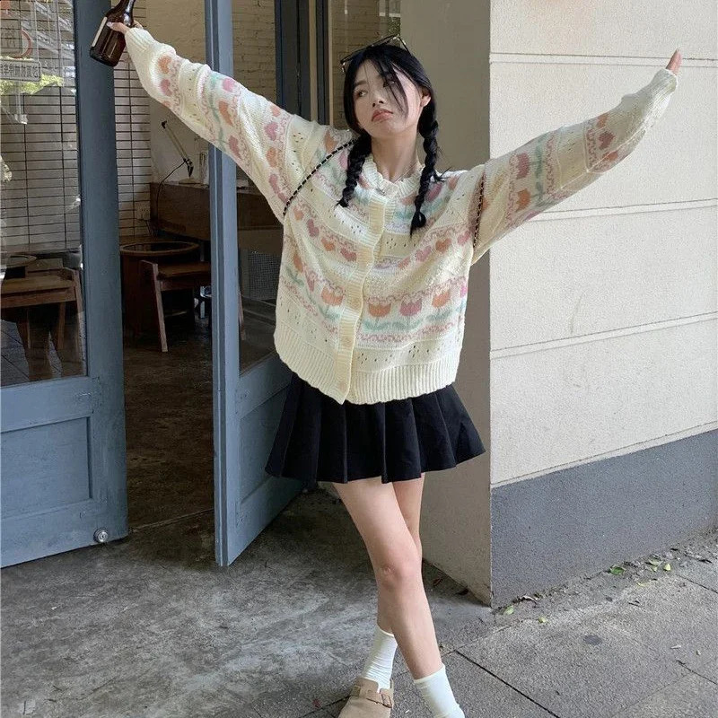 Rimocy Sweet Flower Knit Cardigan Women Autumn Winter Single-Breasted Warm Sweaters for Woman Korean Style Long Sleeve Cardigans 240814