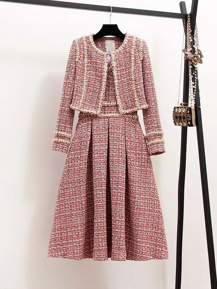Winter Wool 2 Women Elegant Thick Short Jacket Coat Colorful Plaid Beading Tweed Vest Dress Two Piece Set 240823