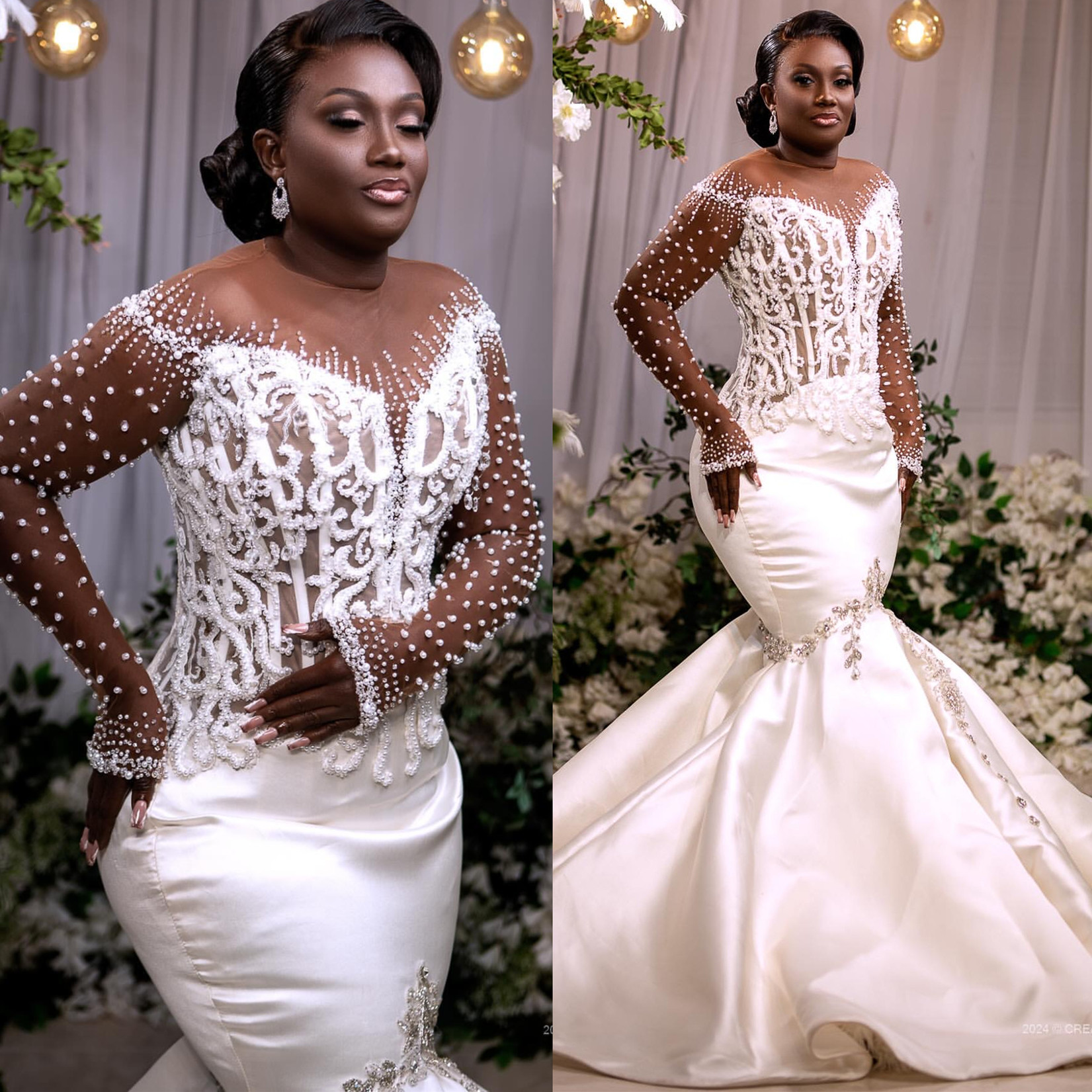 African Aso Ebi 2024 Luxurious Ivory Mermaid Wedding Dress Satin Lace Rhinestones Pearls Full Sleeves Elegant Bridal Gowns Dresses ZJ219