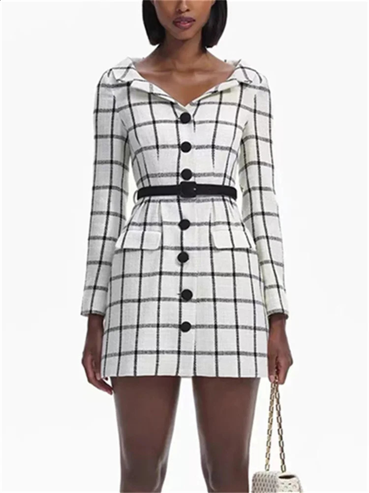 Women Tweed Plaid Mini Dress Spring Summer Turn Down Collar Ladies Long Sleeve Single Breasted Short Robe with Belt 240824