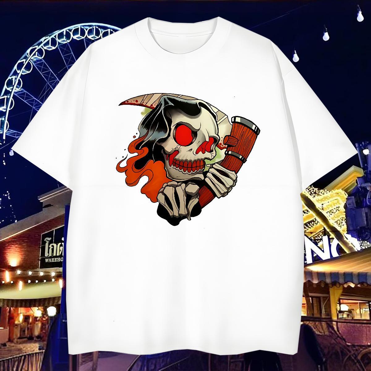 Cool Men T Shirts 230g Pure Cotton skull Sports Casual Anime Short Sleeve O-Neck Couples T Shirts Custom Tops