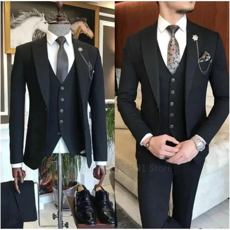 Khaki Formal Mens Slim Fit Set Piece Wedding Groom Dance Terno Mascuo Custom Jacket Vest Pants