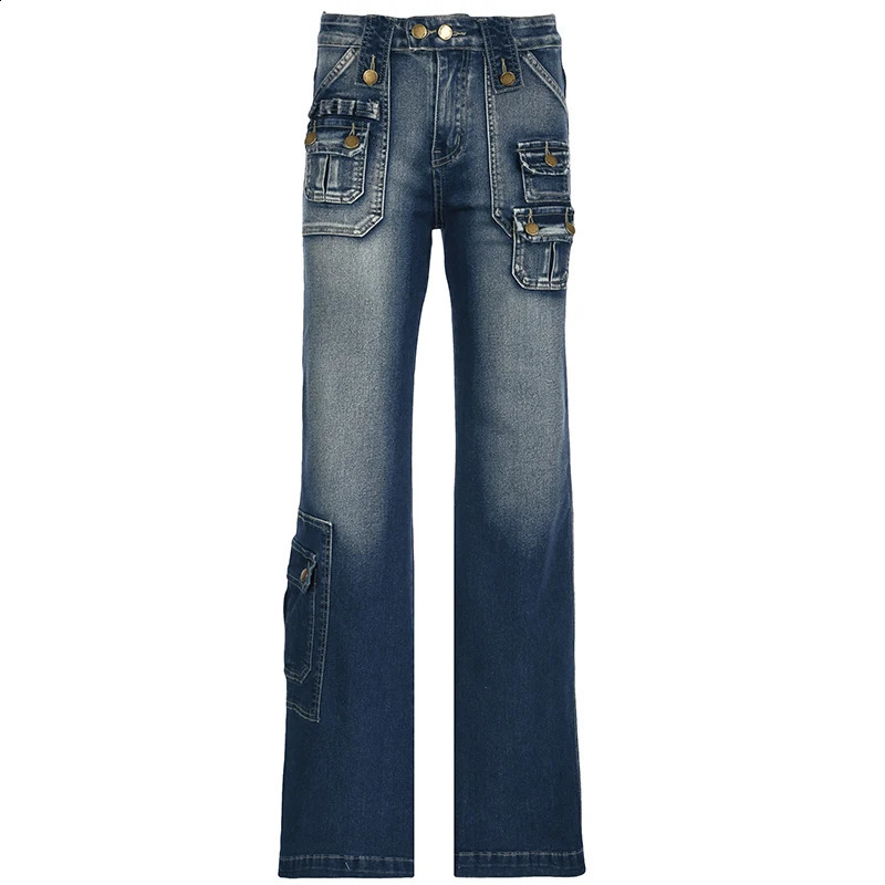 Cibbar y2k Distressed Jeans 90s streetwear pocket patch work low denim cargo pants retro 2000s mom jeans autumn clothing 240823