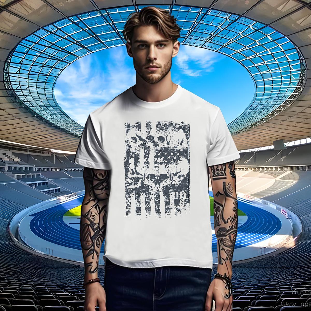 Loose Mens T Shirts 230g 100% Cotton skull Casual Daily Wear DIY Round Neck Short Sleeve Men Tops Tees Fashion Casual Tops Shirt
