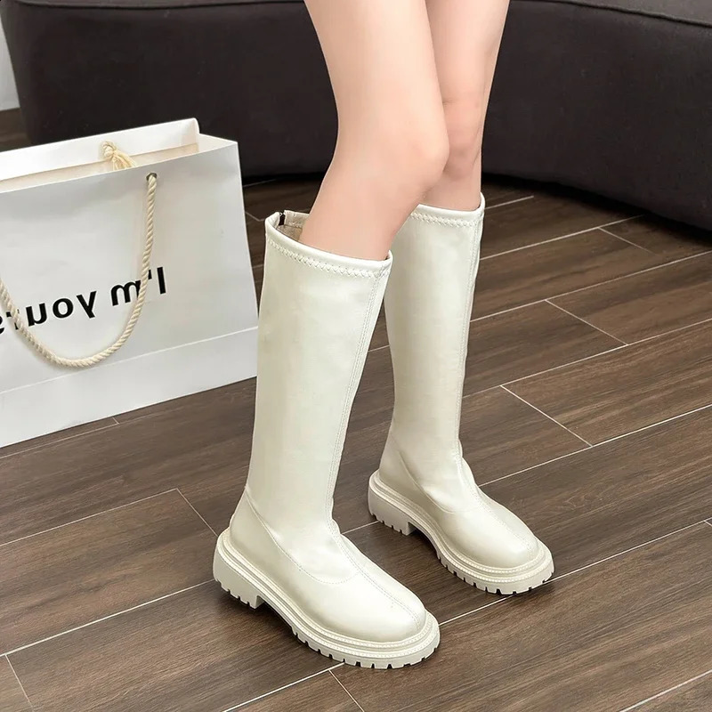 Autumn and Winter Warm Fur Womens Knee High Boots Fashionable and Elegant Strap Zipper Shoes Square Low Boots Womens Knight Long Boots 240823