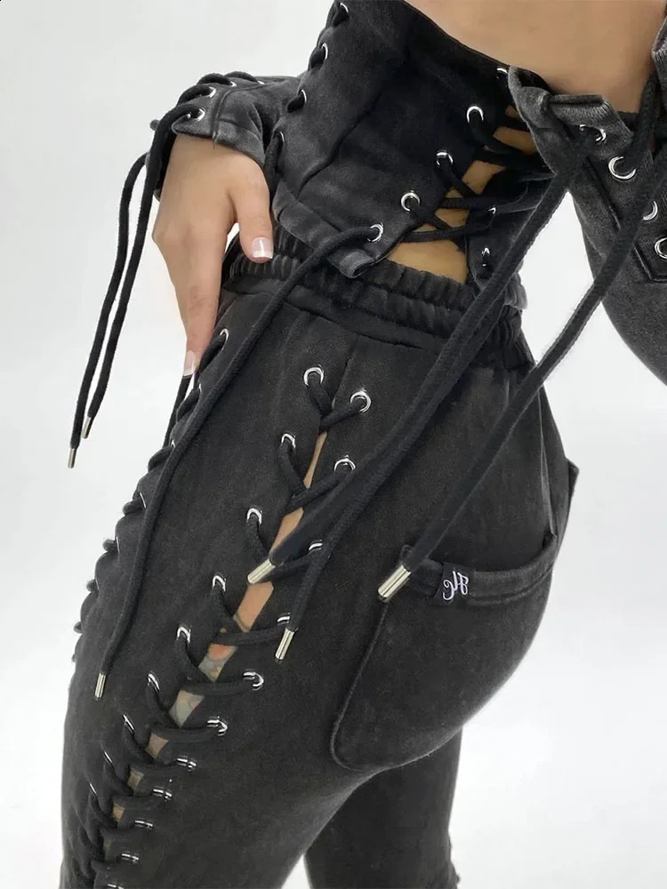 Knitted Slit Hollow Women Pants High Waist Lace Up See Through Streetpant Femme Solid Slim Fashion Streetwear Pant Ladies Sexy 240823
