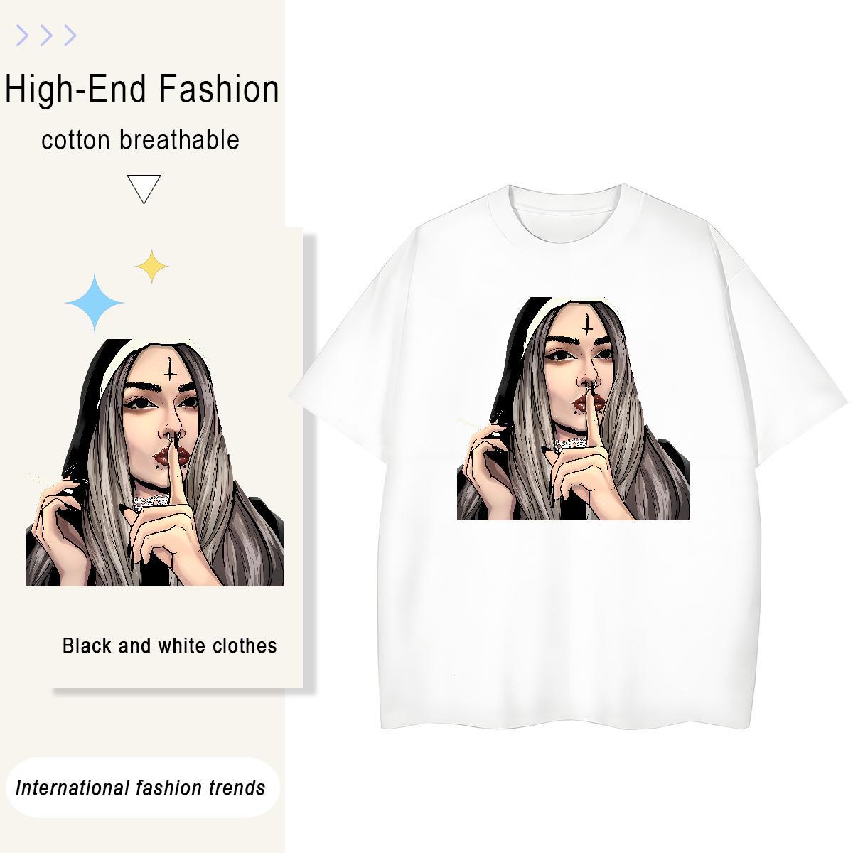 Lady Women Tees 230g Cotton nun Casual Sport T Shirts Women Short Sleeve O-Neck Cartoon Floral Printing Clothes