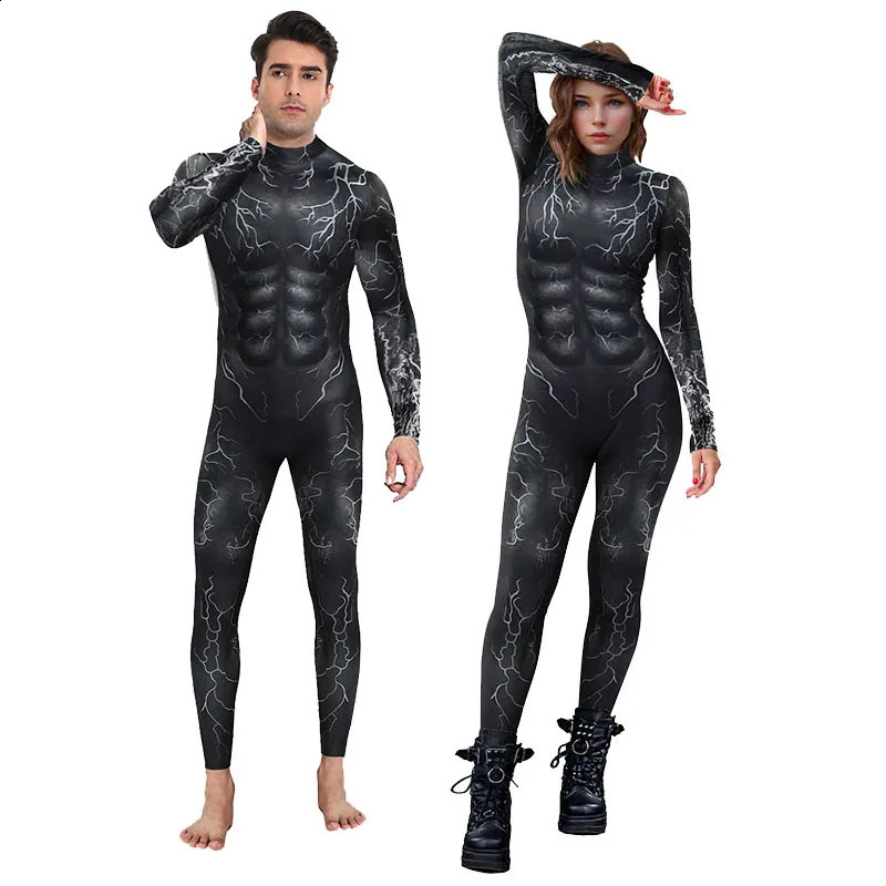 Halloween cosplay bodysuit black artificial Abs muscle crack pattern tight mens party pole dance costume unisex jumpsuit set 240823