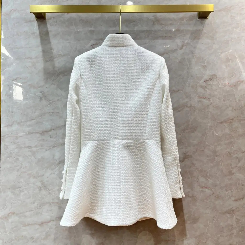 Top End Women Fashion Tweed Stand Collar Long Sleeve High Waist Slim Short Dress Elegant Lady Single Breasted White A-line Dress 240824