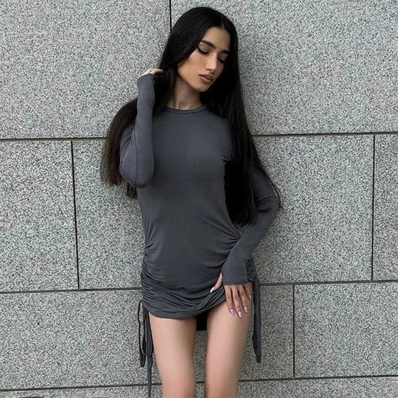 Y2k Summer Fashion Sexy Party Vestidos Ruched O Neck Long Sleeve Bodycon Dress Women Drawstring Bandage Mini Dresses 240823