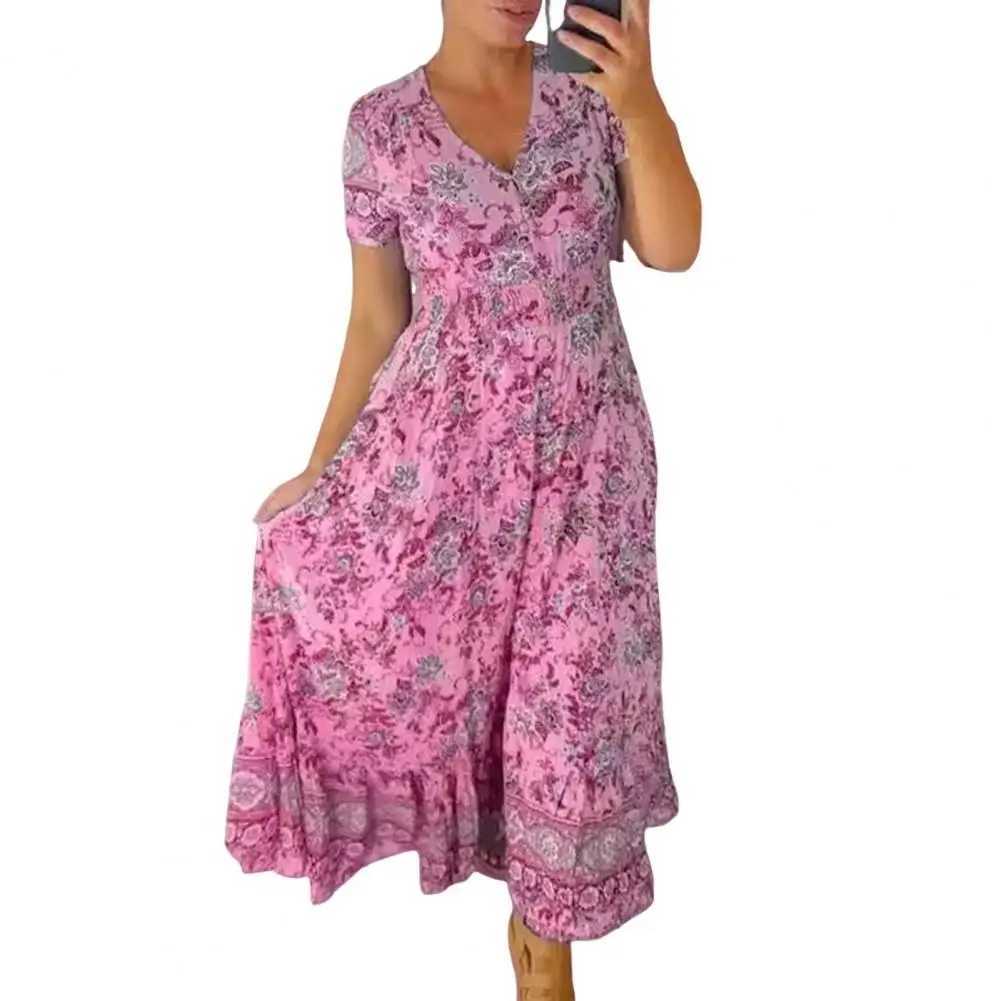 Basic Casual Dresses Floral Printed Dress Floral Print V Neck Maxi Dress with Ruffle Edge High Waist A-line Silhouette for Dating or Beach Ankle Y2405