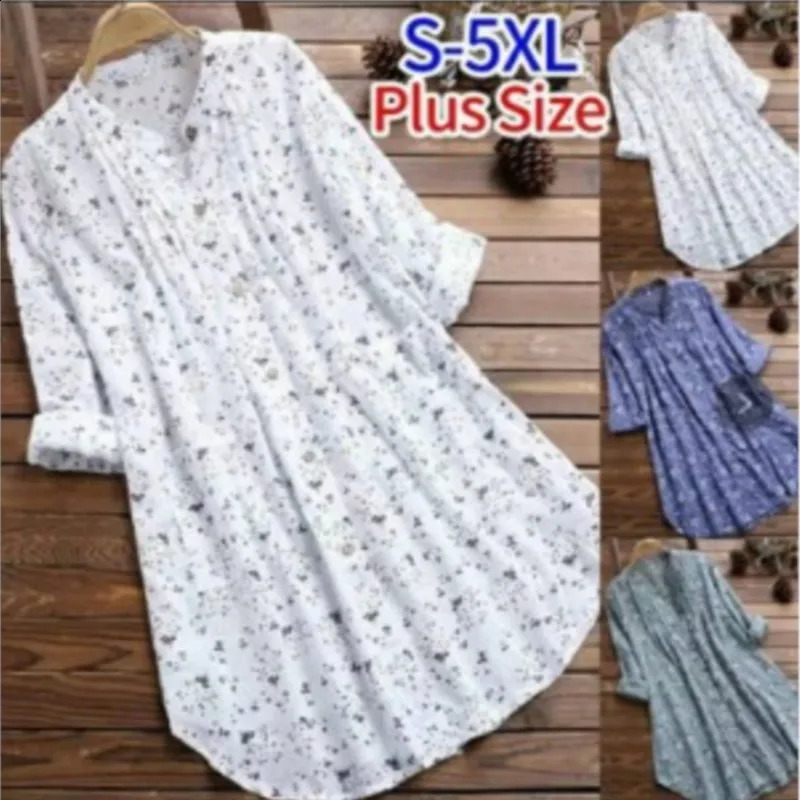 Elegant Long Shirt Cotton Linen Women Fashion Floral Print Loose Blouses And Tops Spring Autumn Full Sleeve Shirts Femme 240823