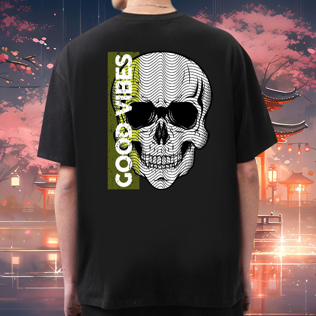 High Quality T shirt 230g 100% Cotton skull High Street Hip Hop Floral Print Round Neck Short Sleeve Men Tshirts Free Shipping Tee Shirt