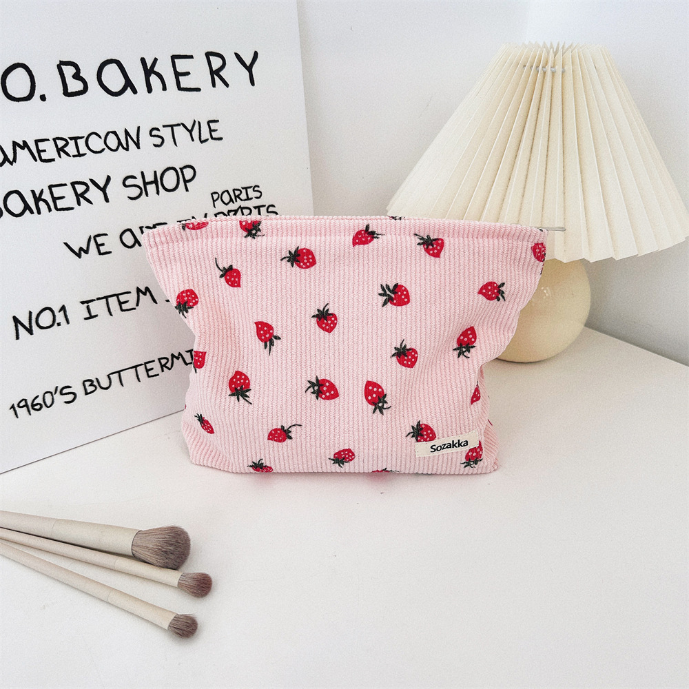 Fashionable corduroy strawberry printed large capacity casual shoulder bag