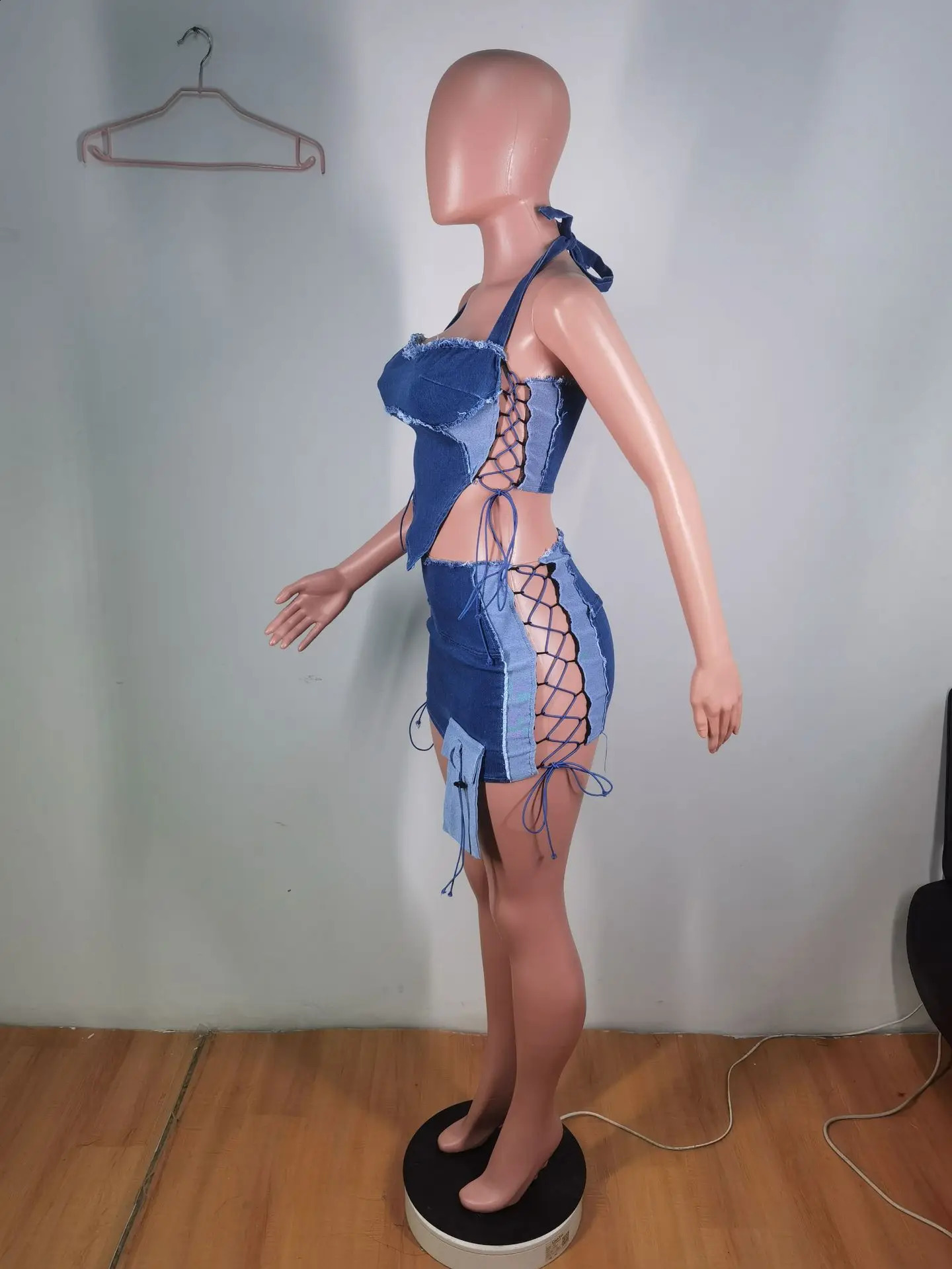 Sexy Asymmetrical Denim Skirt Set Lace Up Bandeau Halterneck Crop Top Suit Summer Jeans Bandage Mini Dress Two Piece Sets Women 240823