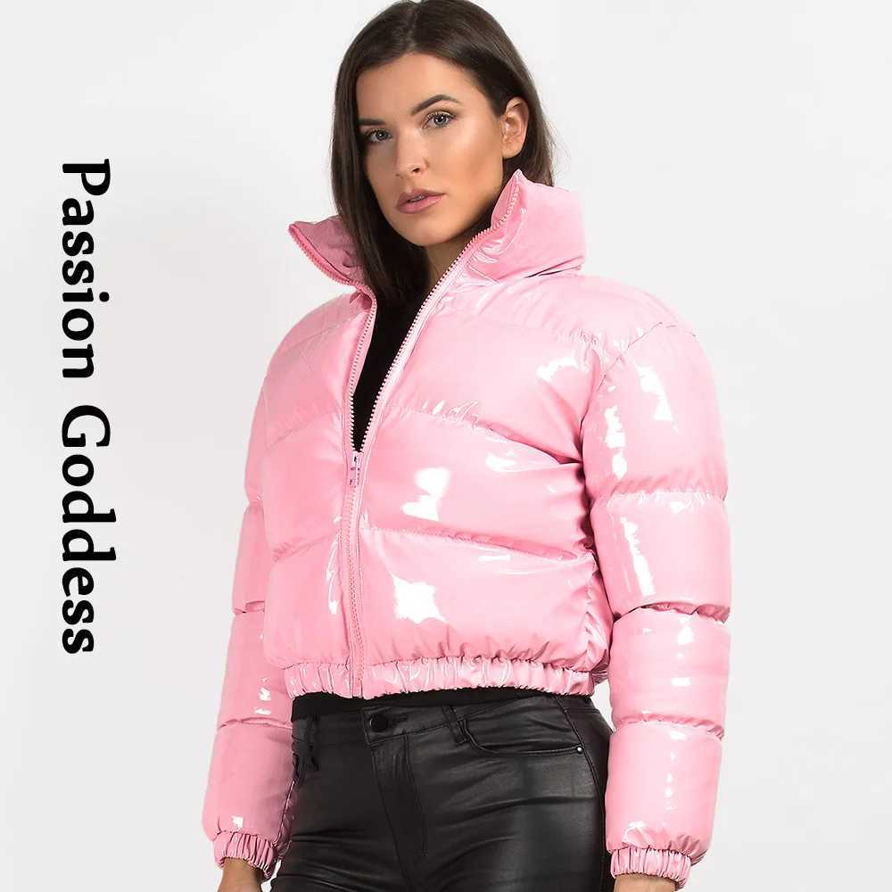 Women's Down Parkas Winter Women Shiny PU Leather Puffer Jackets Warm Thick Bubble Coat Cute Parkas Down Zipper Loose Puffly Cropped Jacket XXL Y