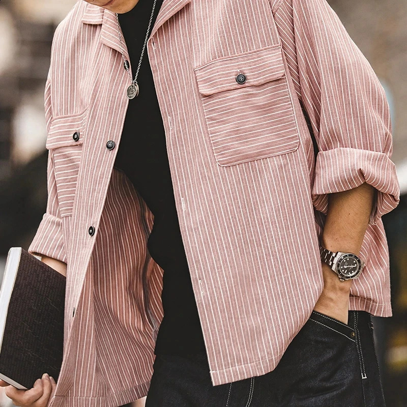 Maden Striped Cuban Collar Men Shirt Jap Retro Patchwork Vintage Pocket Longsleeved Polyester Cotton Spring Fall Trend 240824
