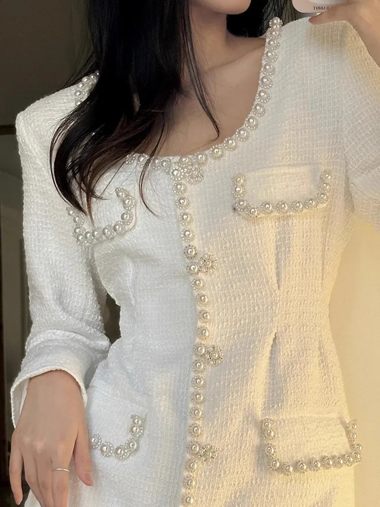UCXQ Fashion Womens Dress sweet Single Breasted Beaded Tweed Long Sleeve Square Neck Elegant Dresses Spring Autumn 9890 240824