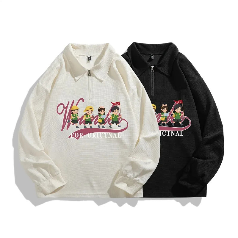 Waffle Polo Shirt Sweatshirt Harajuku Street Loose Fit Tops Cartoon Printed Pattern Half Zip Long Sleeve Sweatshirts 240824