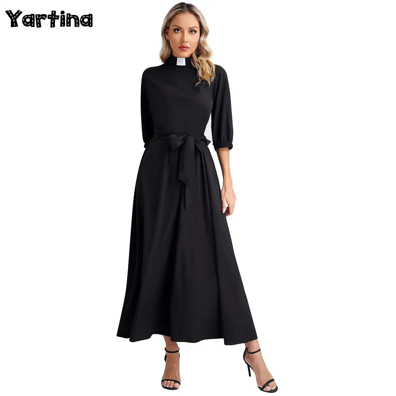 Womens Church Clergy Dress Minister Role Playing Theme Party Service Robe 34 Sleeves Swinging Long with Belt 240823