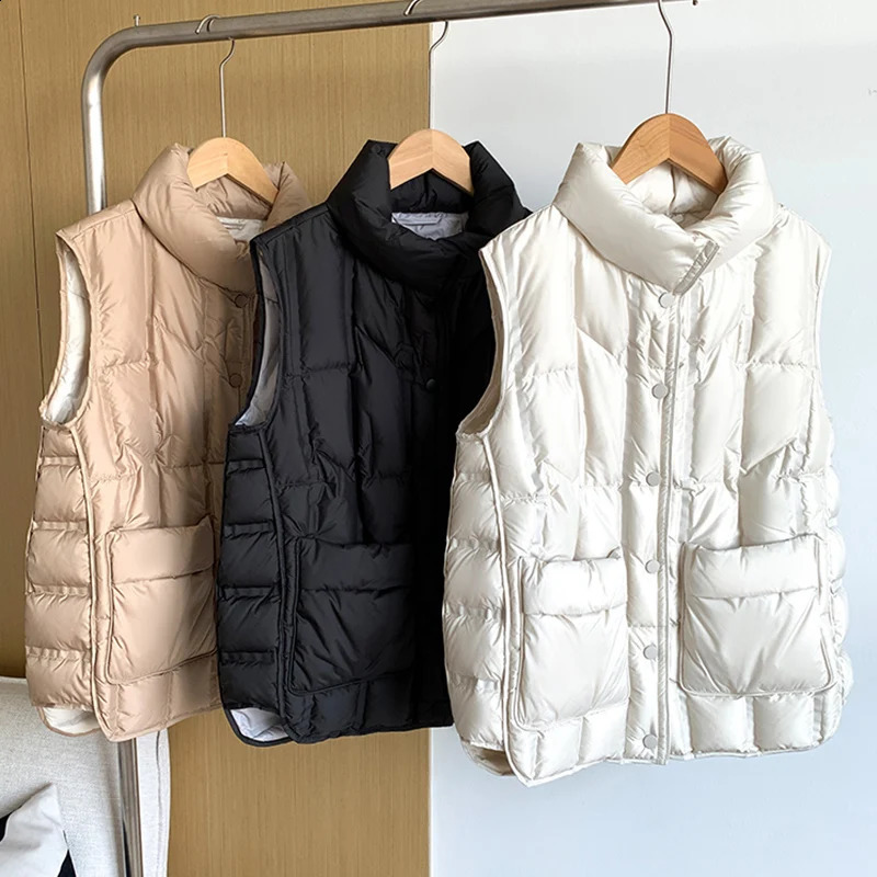 Janveny autumn and winter womens ultra light vest 90% duck down jacket standing collar sleeveless inflatable 240823