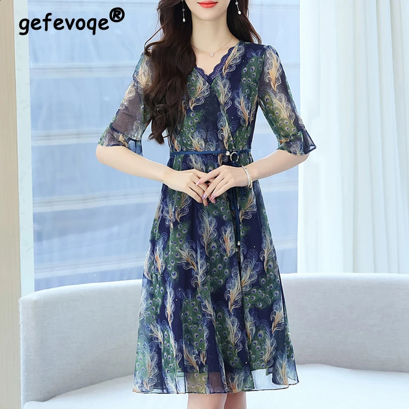Women Clothing Summer Fashion Print Lace Patchwork with Belt Elegant Dresses V Neck Half Sleeve High Waist Slim Midi Dress 240824