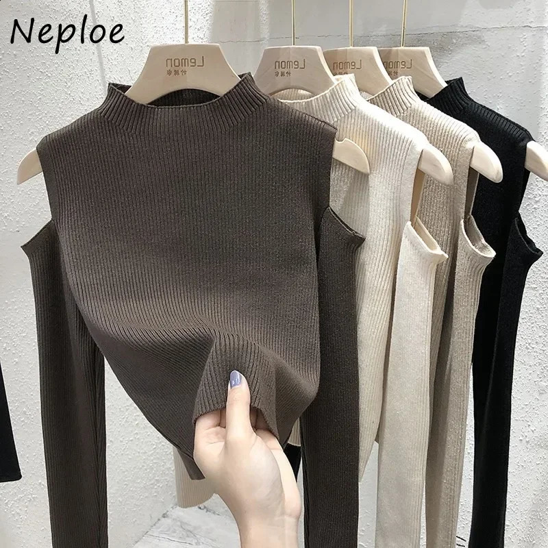 Fashion Off-the-shoulder Womens Pullover Tops Long-sleeve Autumn Bottoming Knitted Shirt Mock Neck Female Sweater 240824