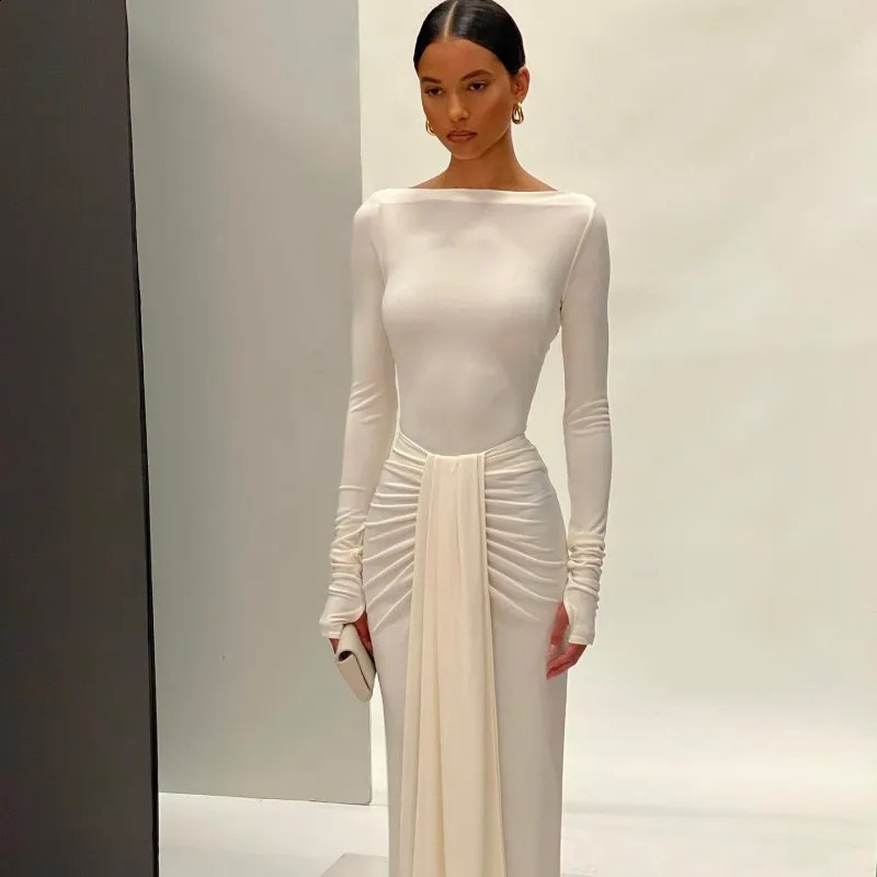Oshfall Autumn winter Women O-collar Solid Long Sleeved Dresses Fashion Sexy Elegant Dresses Party Club Clothing 240823