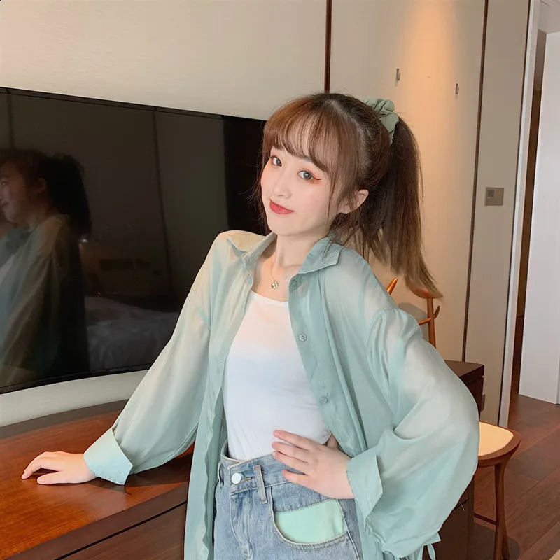 Sun Proof Shirts Women Oversized Sheer Sunscreen Blouses Harajuku Korean Beach Holiday White Long Sleeve Sunscreen Long Blouse 240823