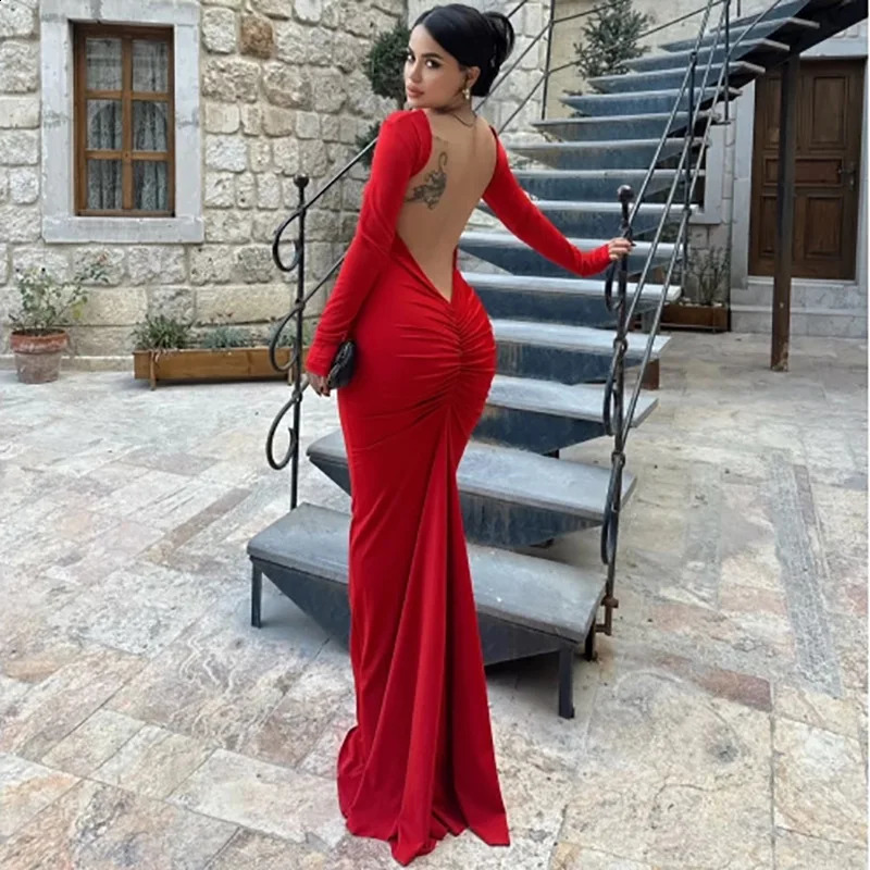 Womens Red Fashion Banquet ins Slim Long Sleeve Backless Sexy Package Hip Dresses 240823