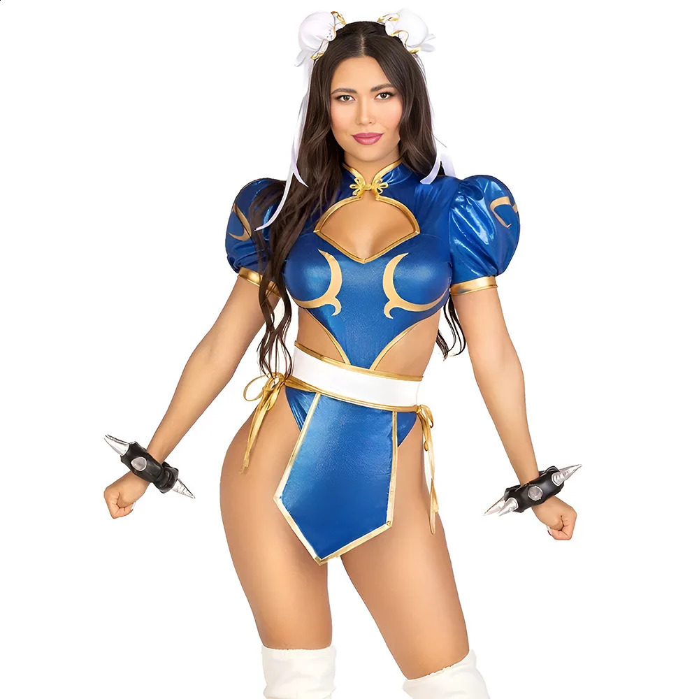 Street Chunli cosplay costume full set top short blue womens clothing adult Halloween party 240823