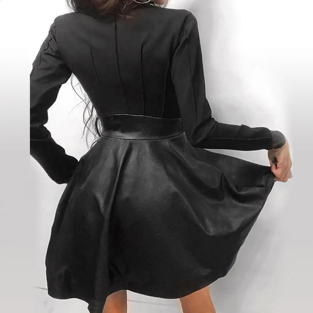 Fashion Dresses Women Lace Long Sleeve Zipper Pocket Large Hem Faux Leather Mini Dress Party elegant slim Sexy Women Dress 240823